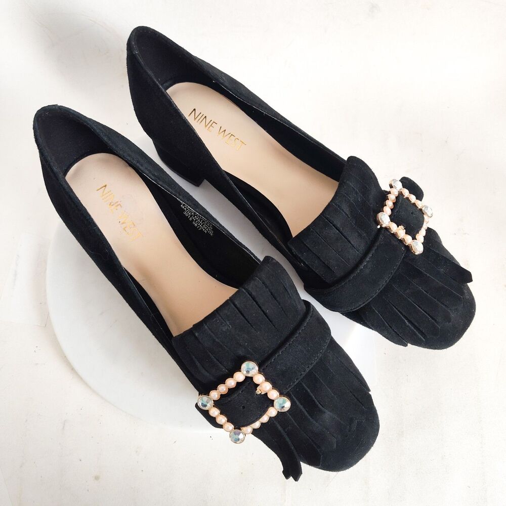 Nine West Pumps Size 8 Black Suede Leather Low Block Heels Office Kilty Pilgram - Picture 8 of 12